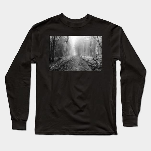 Walk through the woods on a foggy morning Long Sleeve T-Shirt by heidiannemorris